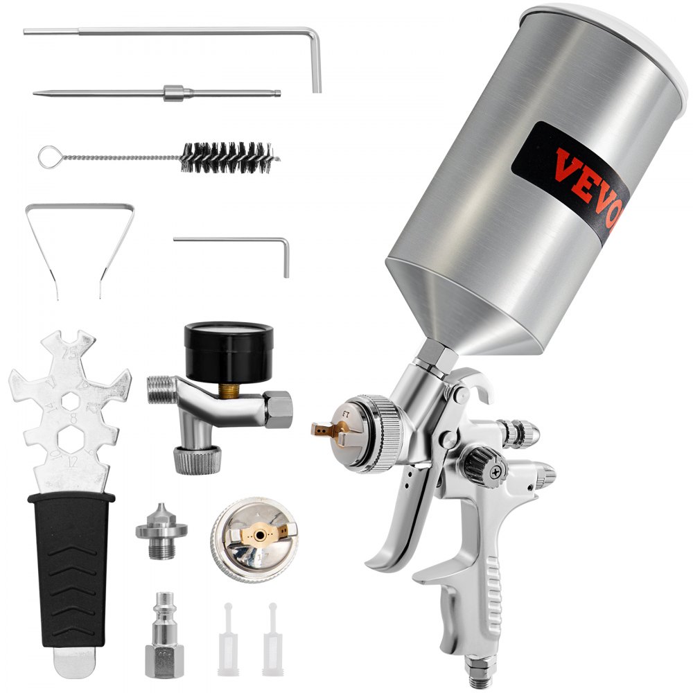 VEVOR HVLP Air Spray Gun, Professional Gravity Feed Sprayer Piant Automotive 1.3mm 1.7mm Stainless Nozzles 1000cc Copper Cup w/ MPS Adapter and Air Regulator for Primer, Clear & Top Coat, Touch Up