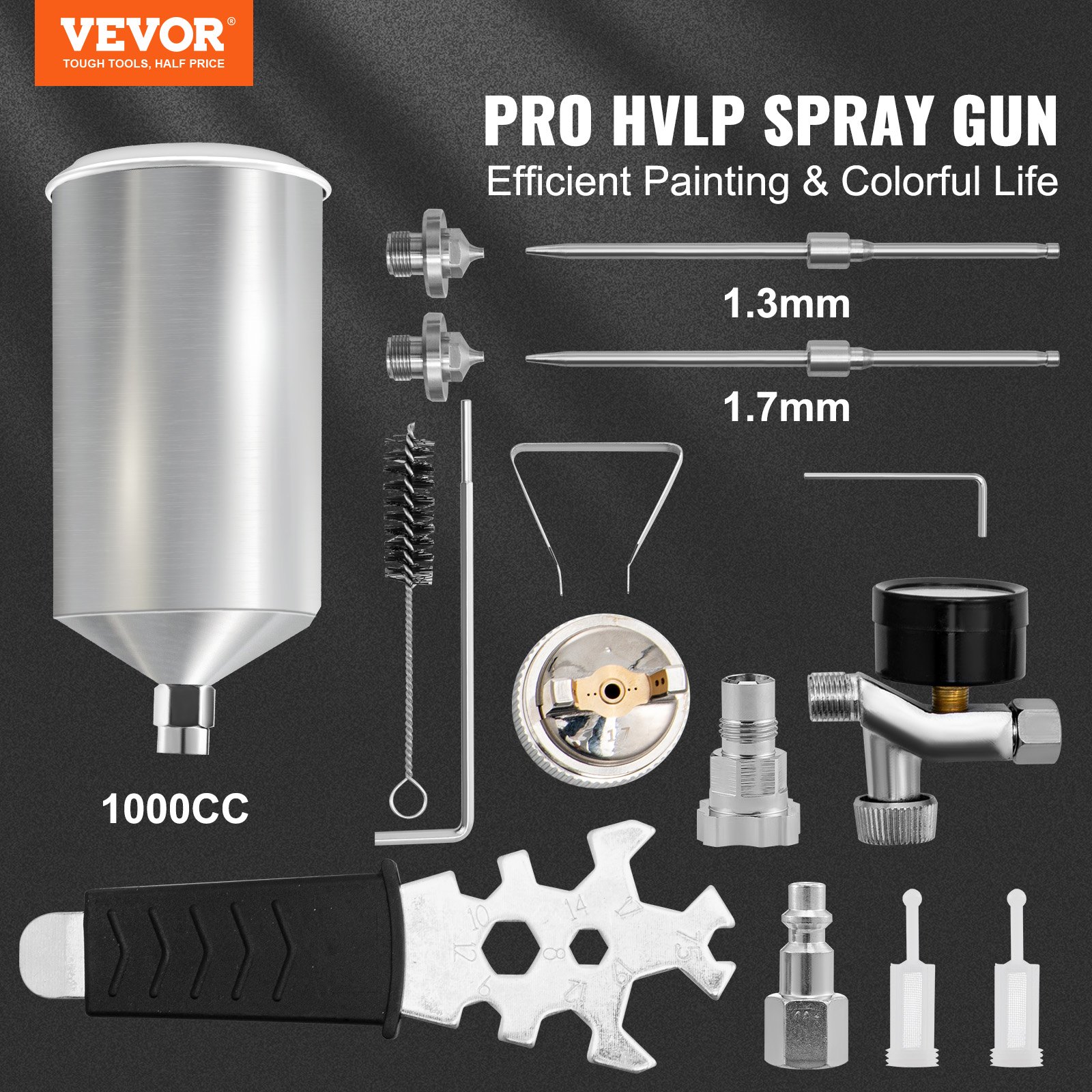 VEVOR HVLP Air Spray Gun, Professional Gravity Feed Sprayer Piant Automotive 1.3mm 1.7mm Stainless Nozzles 1000cc Copper Cup with MPS Adapter and Air Regulator for Primer, Clear & Top Coat, Touch Up