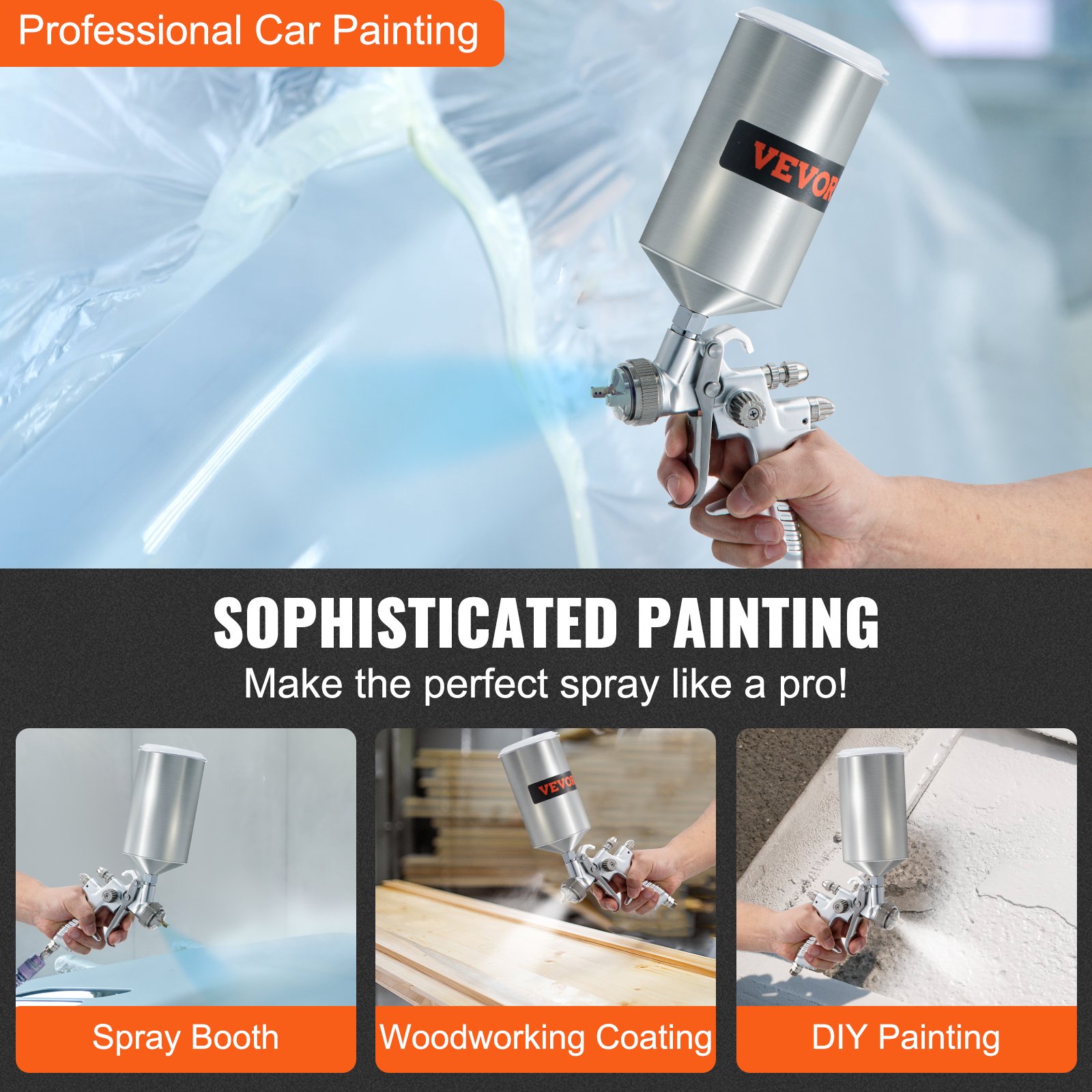 VEVOR HVLP Air Spray Gun, Professional Gravity Feed Sprayer Piant Automotive 1.3mm 1.7mm Stainless Nozzles 1000cc Copper Cup with MPS Adapter and Air Regulator for Primer, Clear & Top Coat, Touch Up