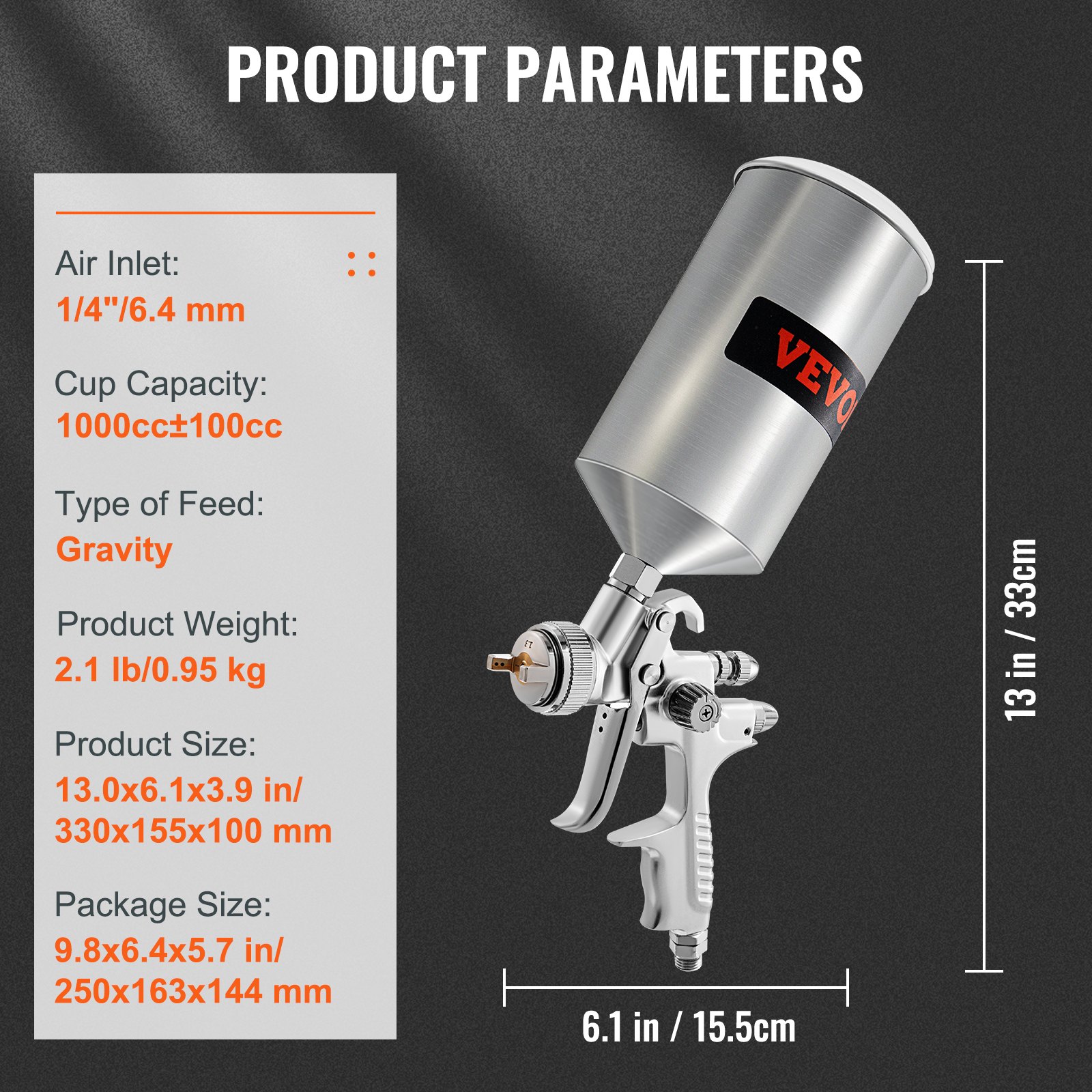 VEVOR HVLP Air Spray Gun, Professional Gravity Feed Sprayer Piant Automotive 1.3mm 1.7mm Stainless Nozzles 1000cc Copper Cup with MPS Adapter and Air Regulator for Primer, Clear & Top Coat, Touch Up