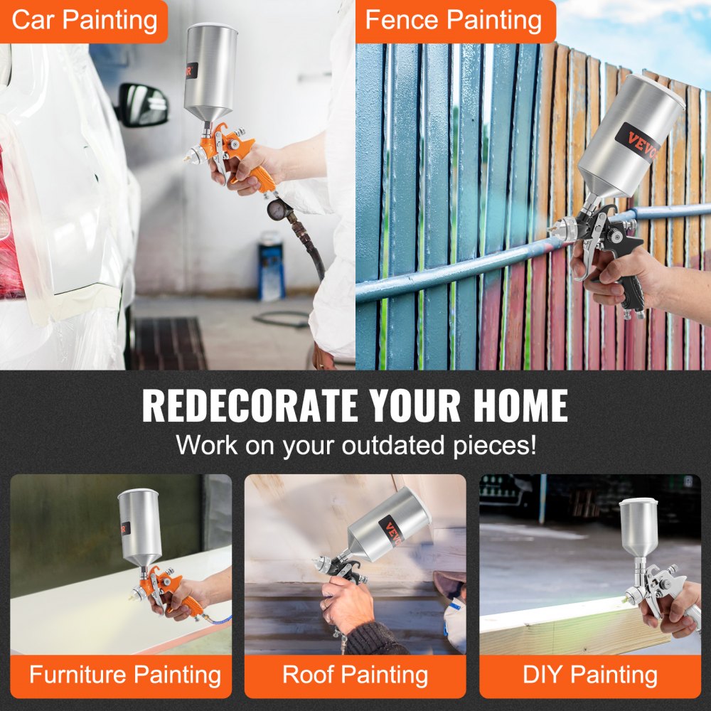 VEVOR 11 Piece Spray Gun Set, Professional Gravity Feed Paint Sprayer 2 Full Size, 1 Detail with 1.0mm 1.4mm 1.8mm Nozzles, 1000cc Copper Cup, Air Regulator & Gauge for Furniture, Fence, Car, Garden