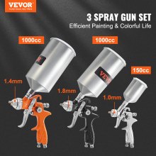 VEVOR 11 Piece Spray Gun Set, Professional Gravity Feed Paint Sprayer 2 Full Size, 1 Detail with 1.0mm 1.4mm 1.8mm Nozzles, 1000cc Copper Cup, Air Regulator & Gauge for Furniture, Fence, Car, Garden