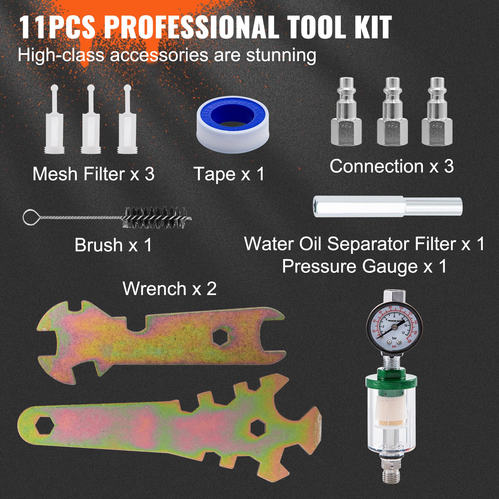 VEVOR 11 Piece Spray Gun Set, Professional Gravity Feed Paint Sprayer 2 Full Size, 1 Detail with 1.0mm 1.4mm 1.8mm Nozzles, 1000cc Copper Cup, Air Regulator & Gauge for Furniture, Fence, Car, Garden