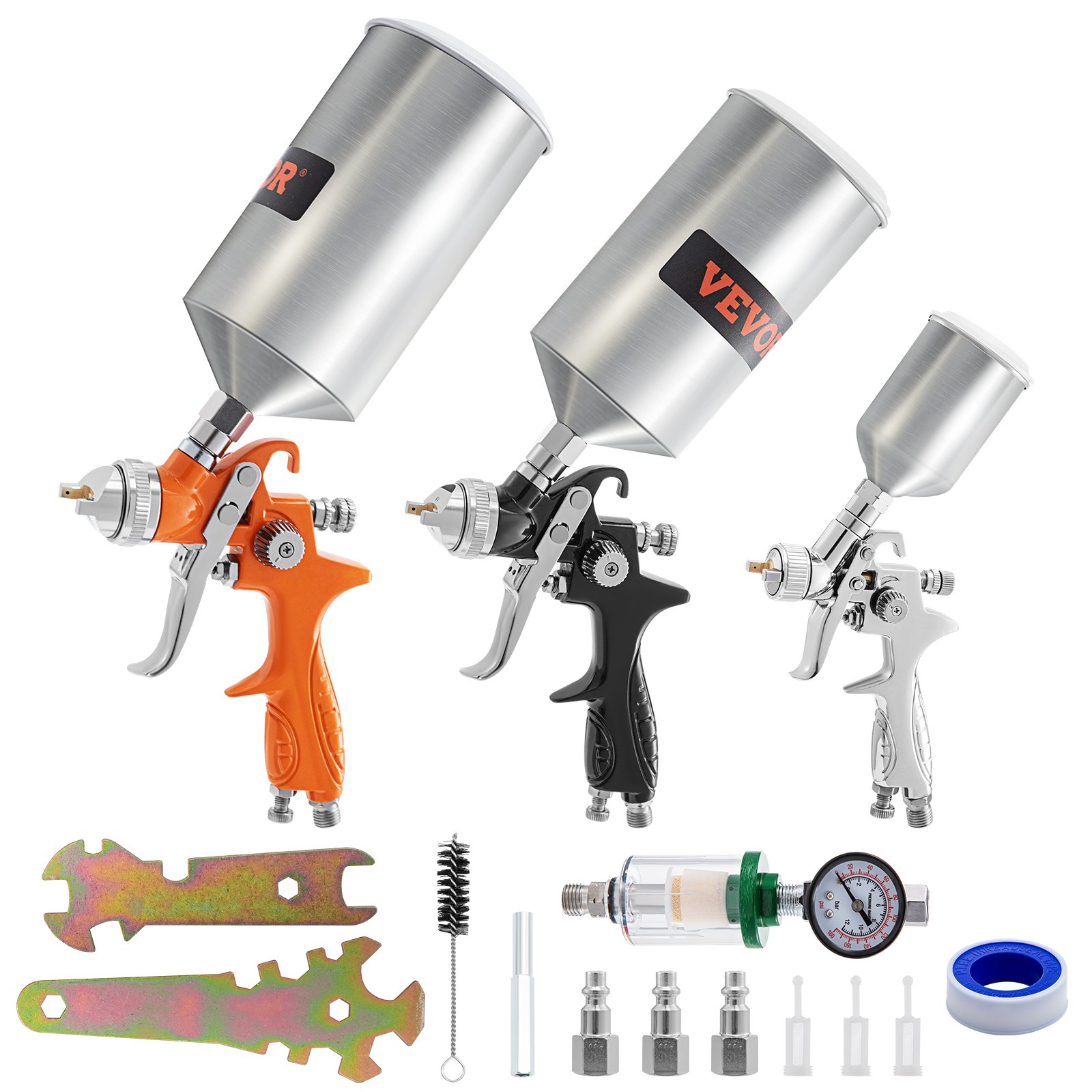 VEVOR 11 Piece Spray Gun Set, Professional Gravity Feed Paint Sprayer 2 Full Size, 1 Detail with 1.0mm 1.4mm 1.8mm Nozzles, 1000cc Copper Cup, Air Regulator & Gauge for Furniture, Fence, Car, Garden