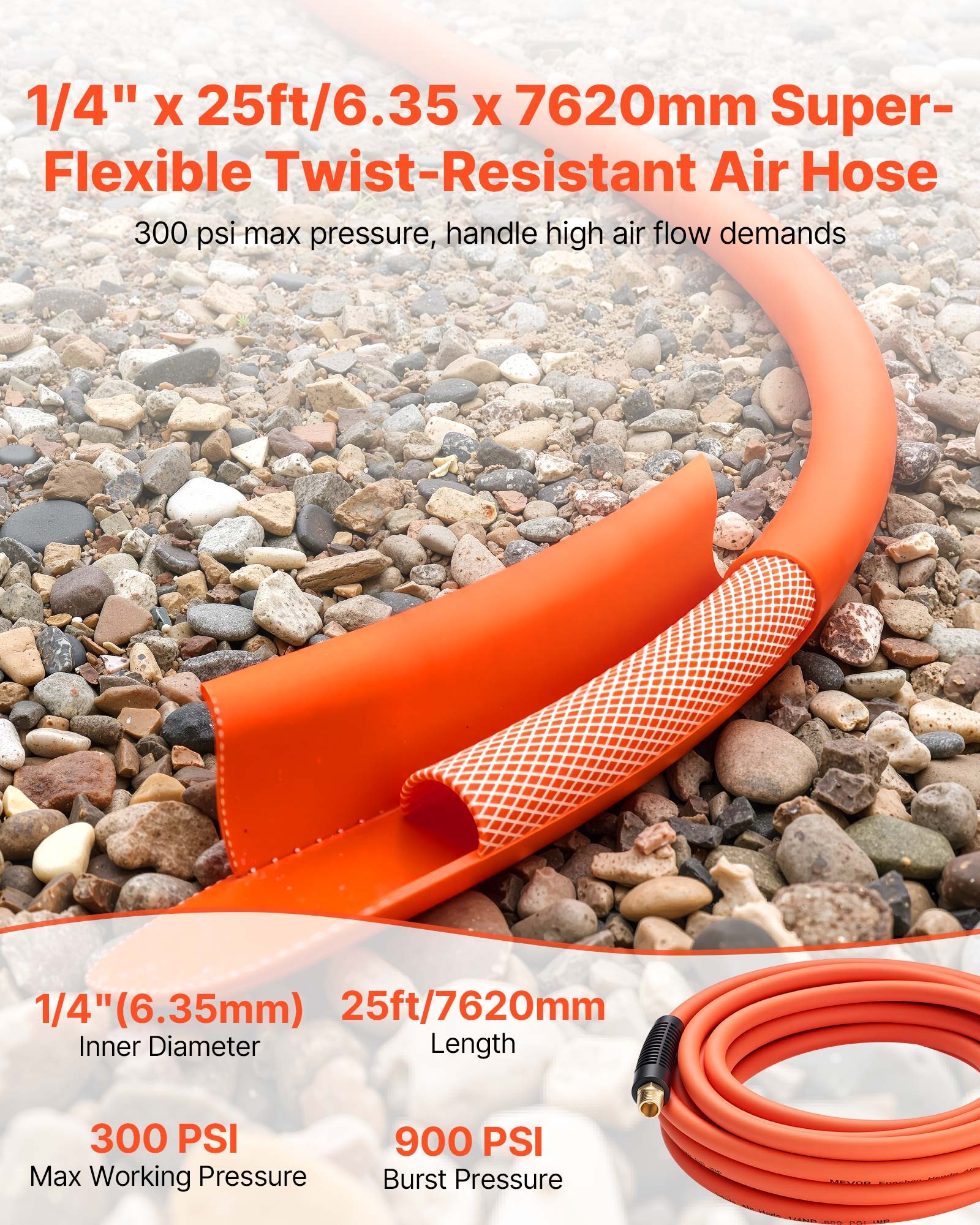 VEVOR Air Hose, 1/4" x 25FT Hybrid Air Compressor Hose, 300 PSI Kink-Resistant Pneumatic Hoses with 1/4-inch Solid MNPT Bras Fittings, Three-Layer Construction, All-Weather Flexibility