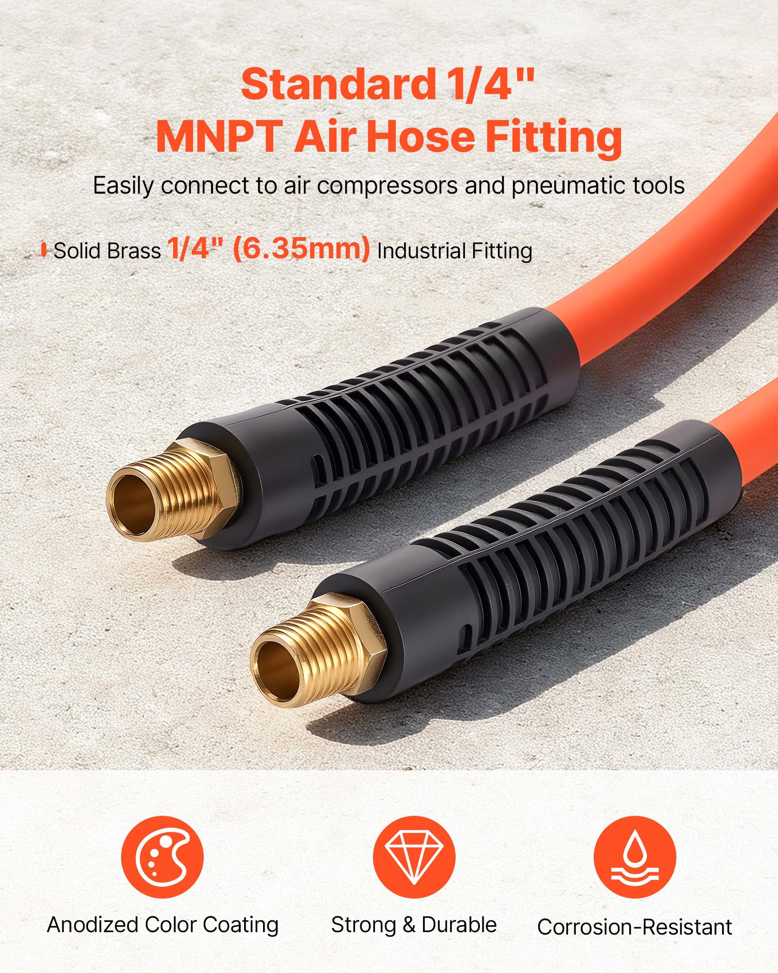VEVOR Air Hose, 1/4" x 25FT Hybrid Air Compressor Hose, 300 PSI Kink-Resistant Pneumatic Hoses with 1/4-inch Solid MNPT Bras Fittings, Three-Layer Construction, All-Weather Flexibility
