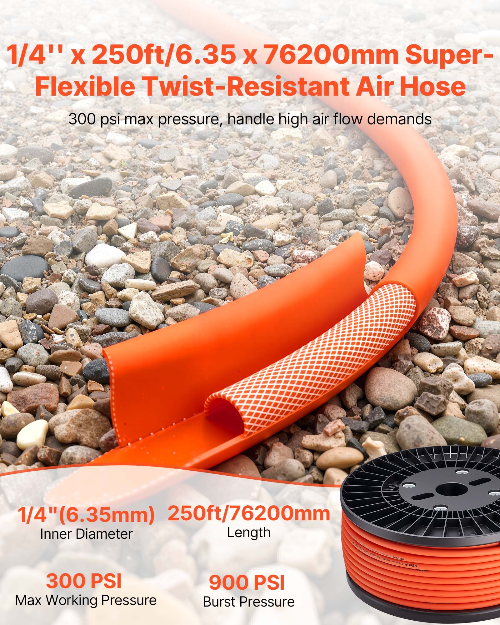 VEVOR Air Hose, 6.35 mm x 76.2 m Hybrid Air Compressor Hose, 300 PSI Kink-Resistant Pneumatic Hoses with Three-Layer Construction for Auto & Home DIY Projetcs, All-Weather Flexibility (No Fittings)