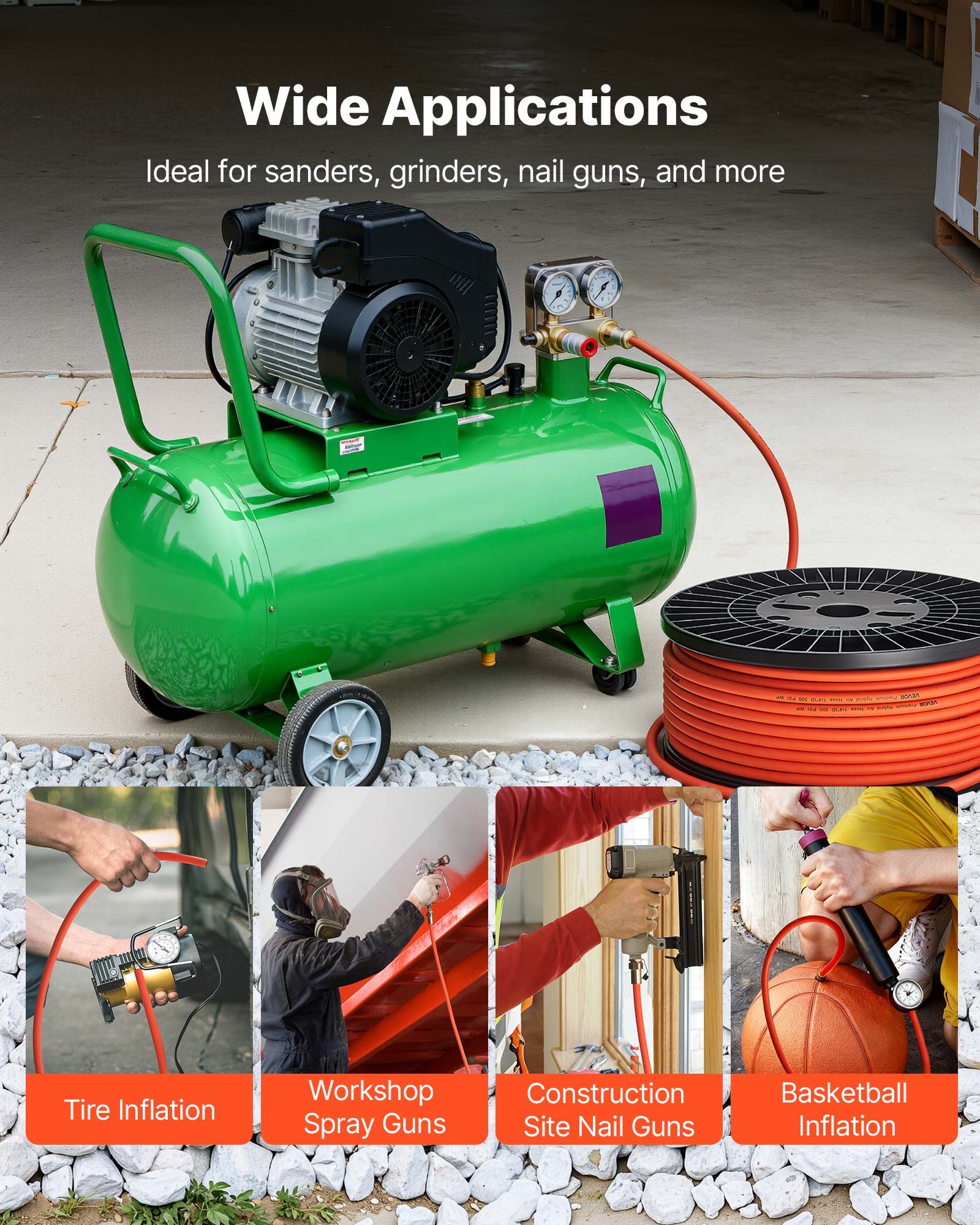 VEVOR Air Hose, 6.35 mm x 76.2 m Hybrid Air Compressor Hose, 300 PSI Kink-Resistant Pneumatic Hoses with Three-Layer Construction for Auto & Home DIY Projetcs, All-Weather Flexibility (No Fittings)