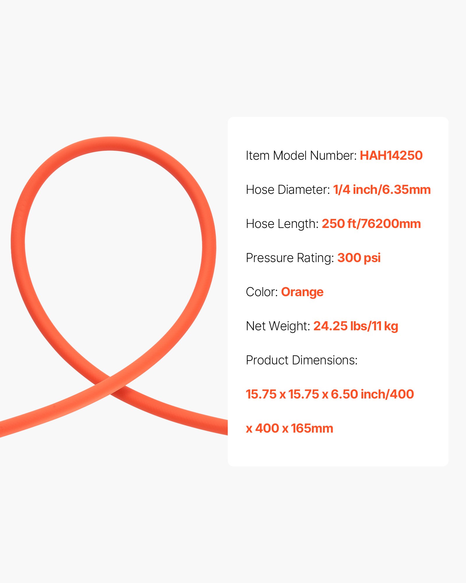 VEVOR Air Hose, 1/4" x 250FT Hybrid Air Compressor Hose, 300 PSI Kink-Resistant Pneumatic Hoses with Three-Layer Construction for Auto & Home DIY Projetcs, All-Weather Flexibility (No Fittings)