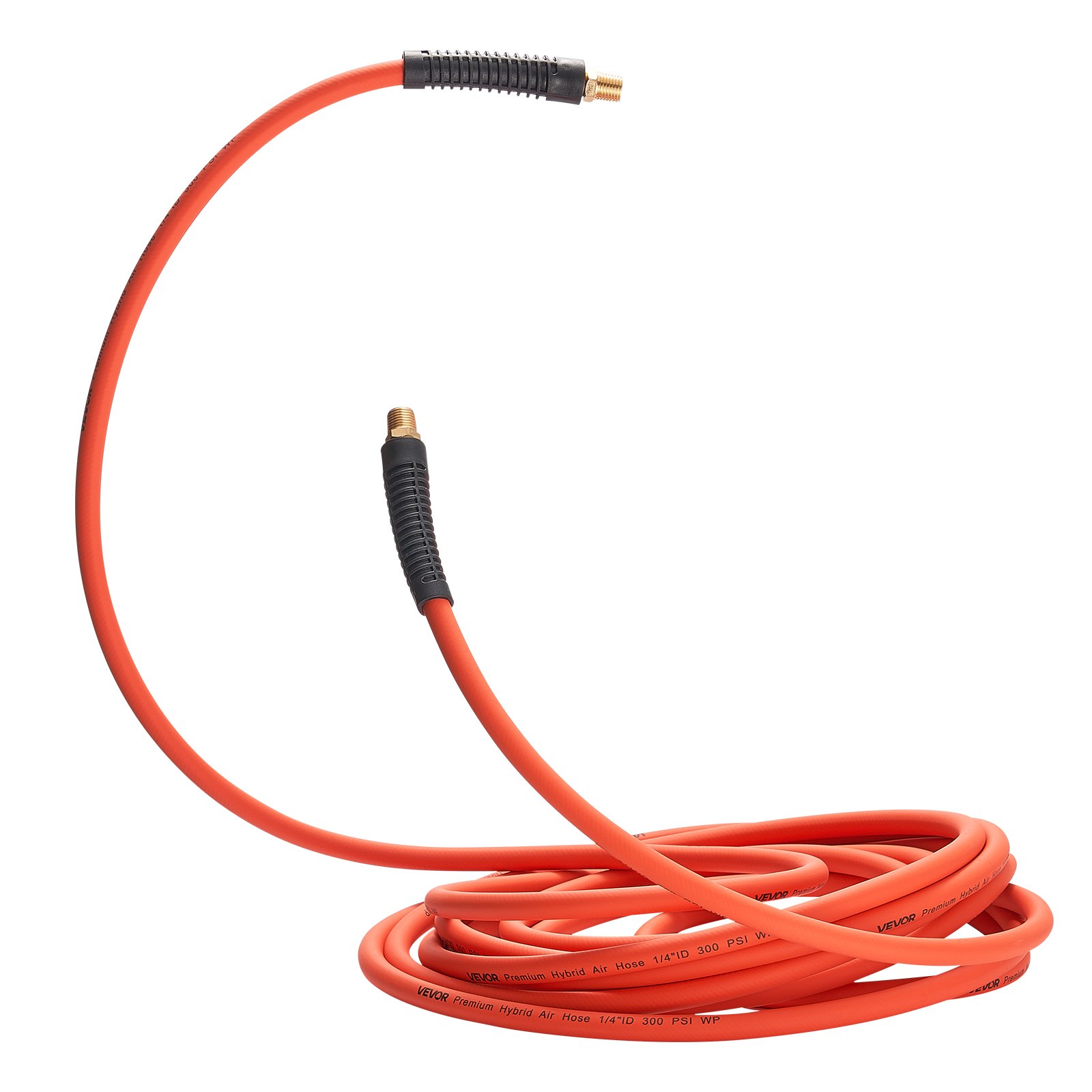 VEVOR Air Hose, 1/4" x 100FT Hybrid Air Compressor Hose, 300 PSI Kink-Resistant Pneumatic Hoses with 1/4-inch Solid MNPT Bras Fittings, Three-Layer Construction, All-Weather Flexibility