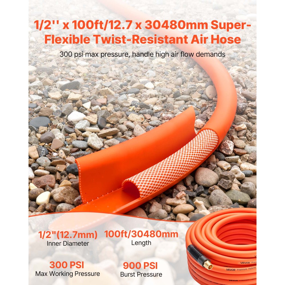 VEVOR Air Hose, 1/2" x 100FT Hybrid Air Compressor Hose, 300 PSI Kink-Resistant Pneumatic Hoses with 1/2-inch Solid MNPT Bras Fittings, Three-Layer Construction, All-Weather Flexibility