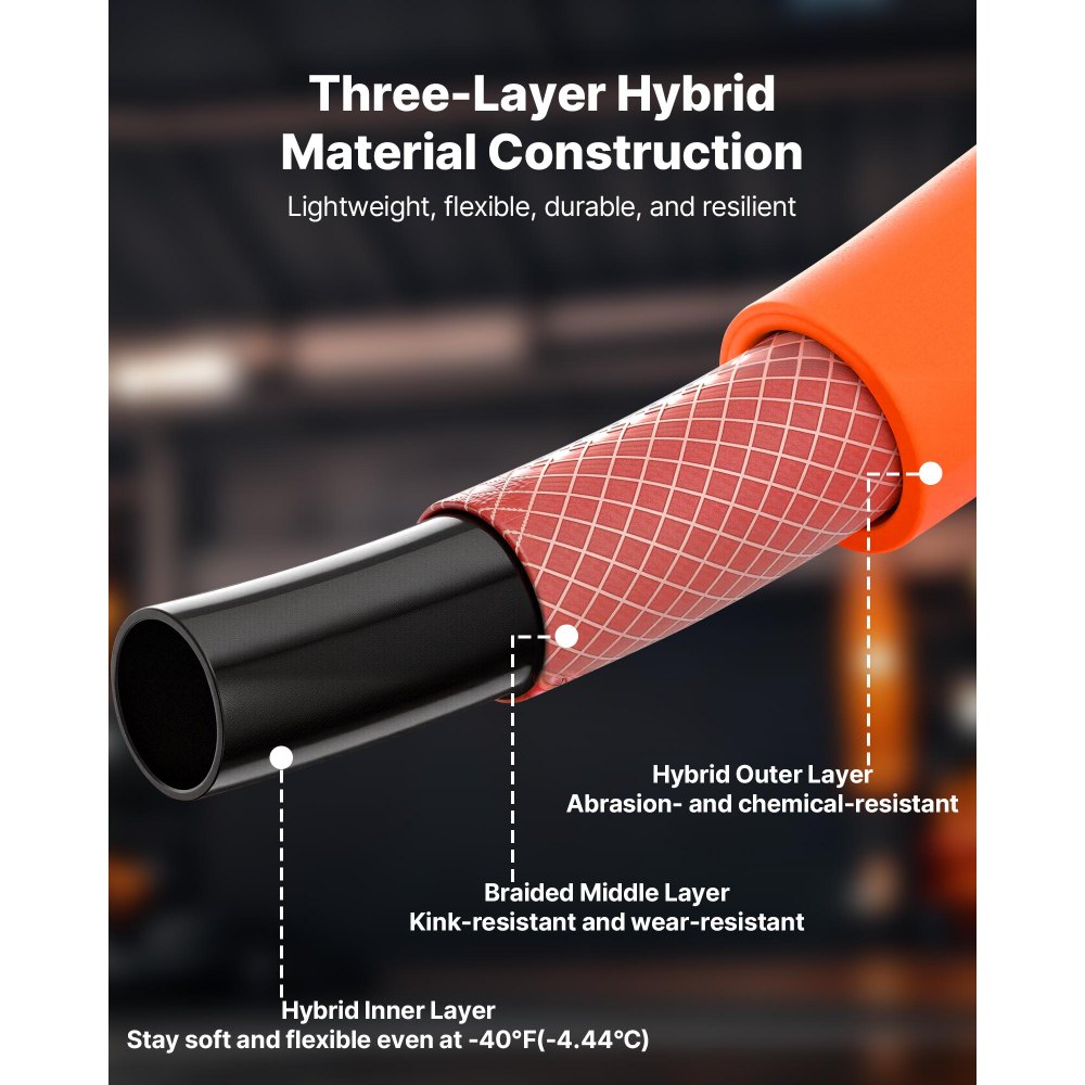 VEVOR Air Hose, 1/2" x 100FT Hybrid Air Compressor Hose, 300 PSI Kink-Resistant Pneumatic Hoses with 1/2-inch Solid MNPT Bras Fittings, Three-Layer Construction, All-Weather Flexibility