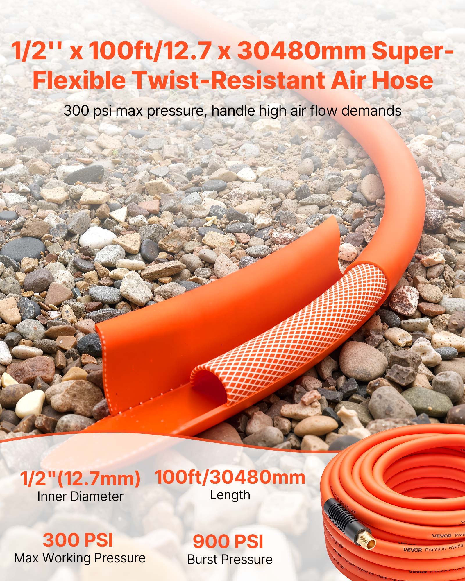 VEVOR Air Hose, 1/2" x 100FT Hybrid Air Compressor Hose, 300 PSI Kink-Resistant Pneumatic Hoses with 1/2-inch Solid MNPT Bras Fittings, Three-Layer Construction, All-Weather Flexibility