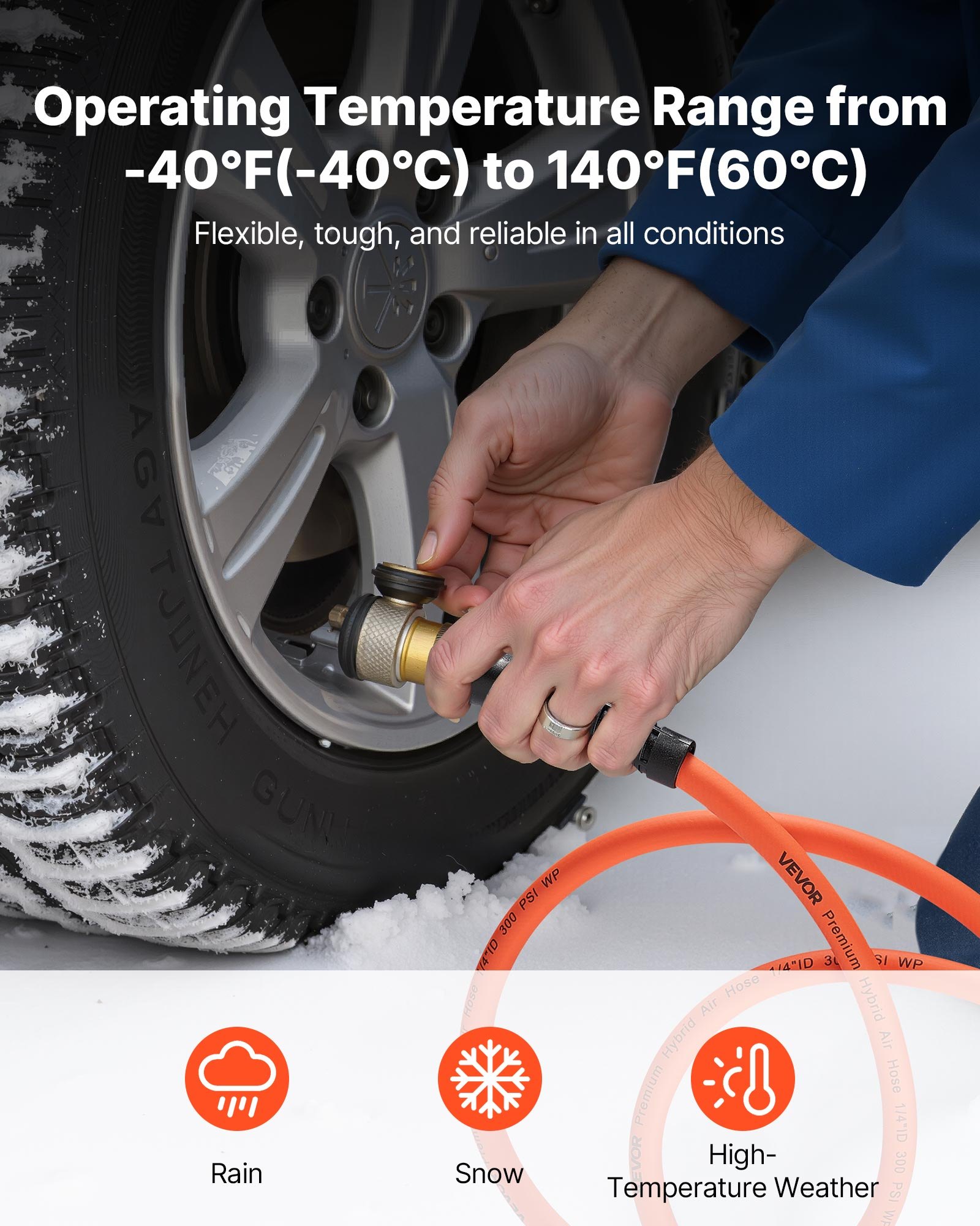 VEVOR Air Hose, 1/2" x 100FT Hybrid Air Compressor Hose, 300 PSI Kink-Resistant Pneumatic Hoses with 1/2-inch Solid MNPT Bras Fittings, Three-Layer Construction, All-Weather Flexibility