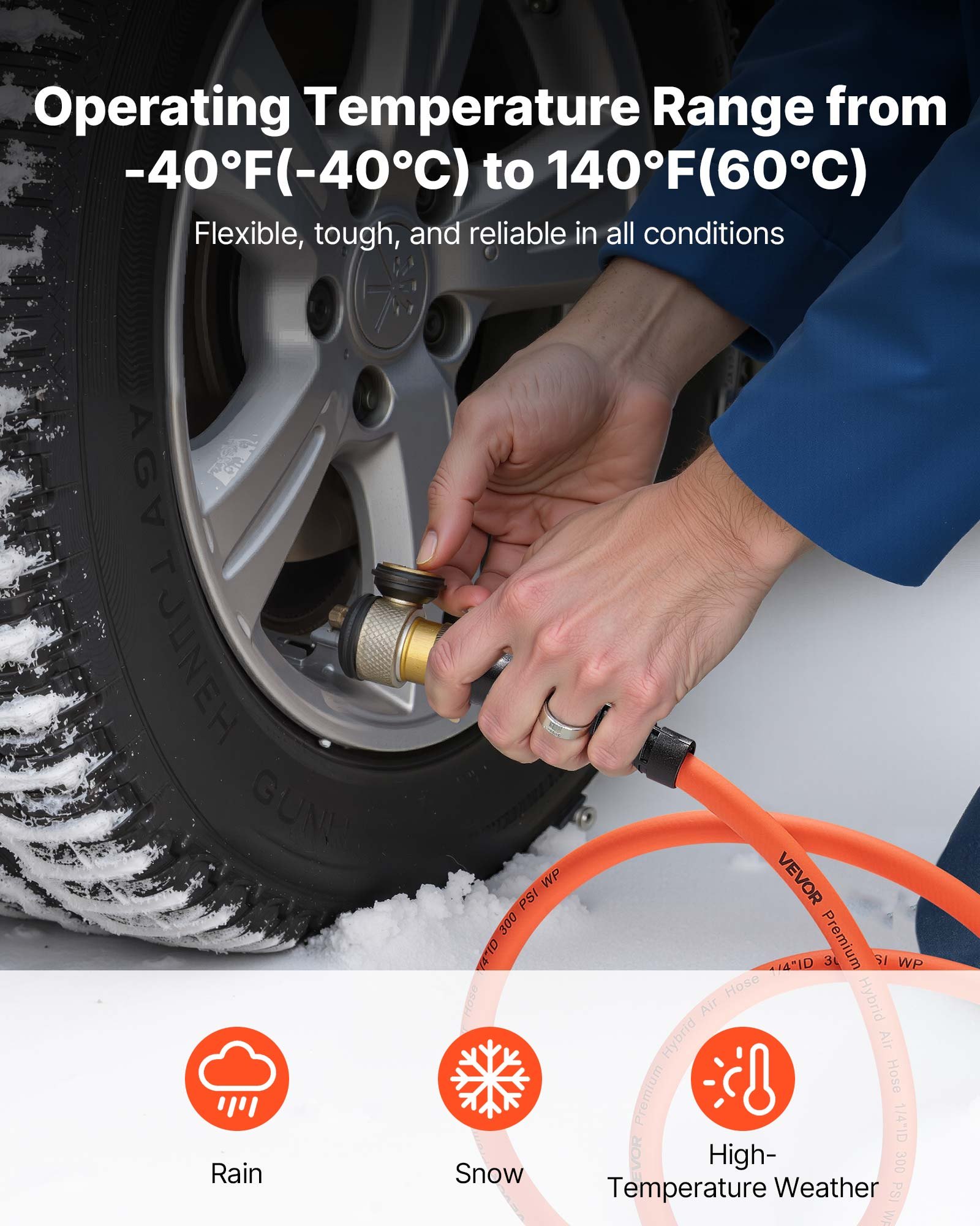 VEVOR Air Hose, 3/8'' x 25FT Hybrid Air Compressor Hose, 300 PSI Kink-Resistant Pneumatic Hoses with 1/4-inch Solid MNPT Bras Fittings, Three-Layer Construction, All-Weather Flexibility