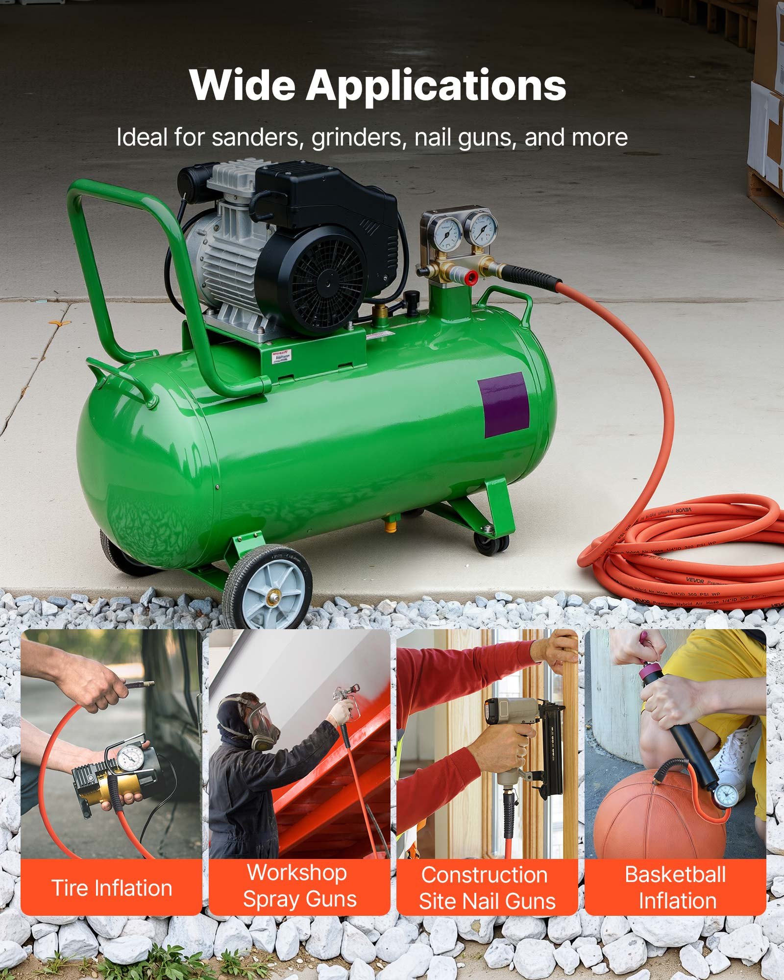 VEVOR Air Hose, 3/8'' x 25FT Hybrid Air Compressor Hose, 300 PSI Kink-Resistant Pneumatic Hoses with 1/4-inch Solid MNPT Bras Fittings, Three-Layer Construction, All-Weather Flexibility