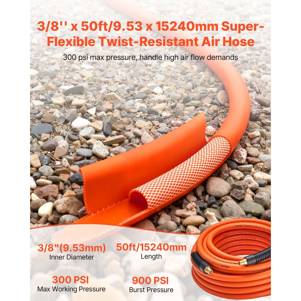 VEVOR Air Hose, 3/8'' x 50FT Rubber Air Compressor Hose, 300 PSI Kink-Resistant Pneumatic Hoses with 1/4-inch Solid MNPT Bras Fittings, Three-Layer Construction, All-Weather Flexibility