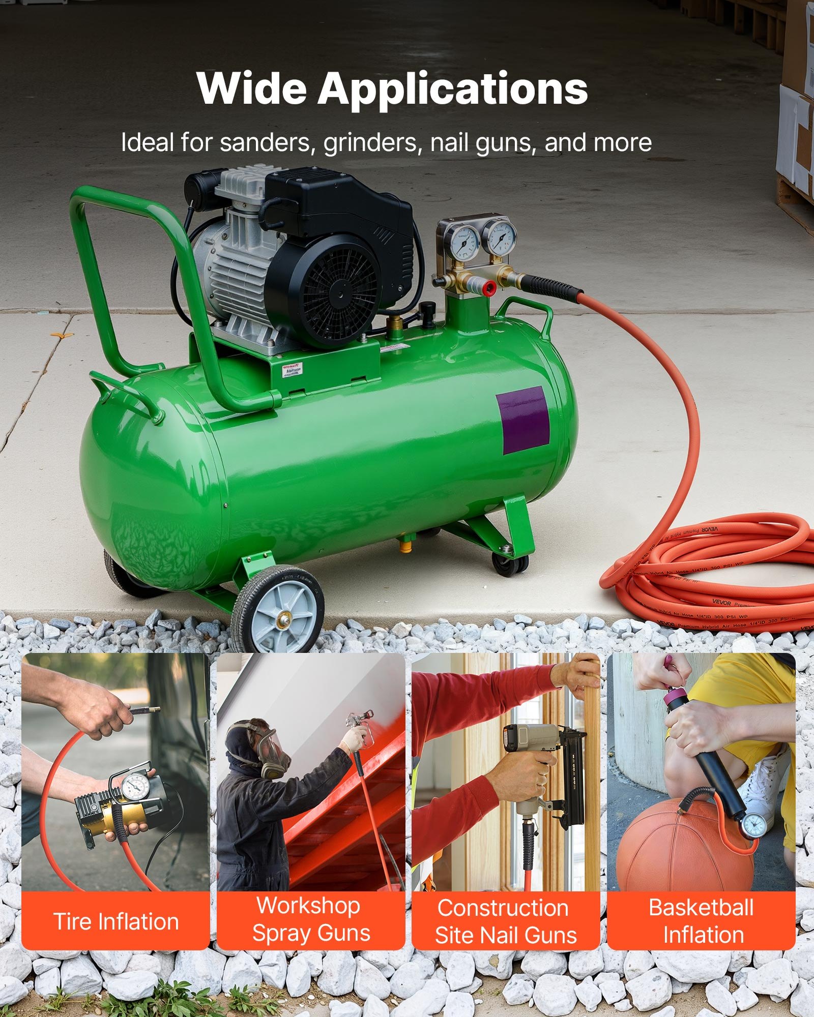 VEVOR Air Hose, 3/8'' x 50FT Rubber Air Compressor Hose, 300 PSI Kink-Resistant Pneumatic Hoses with 1/4-inch Solid MNPT Bras Fittings, Three-Layer Construction, All-Weather Flexibility