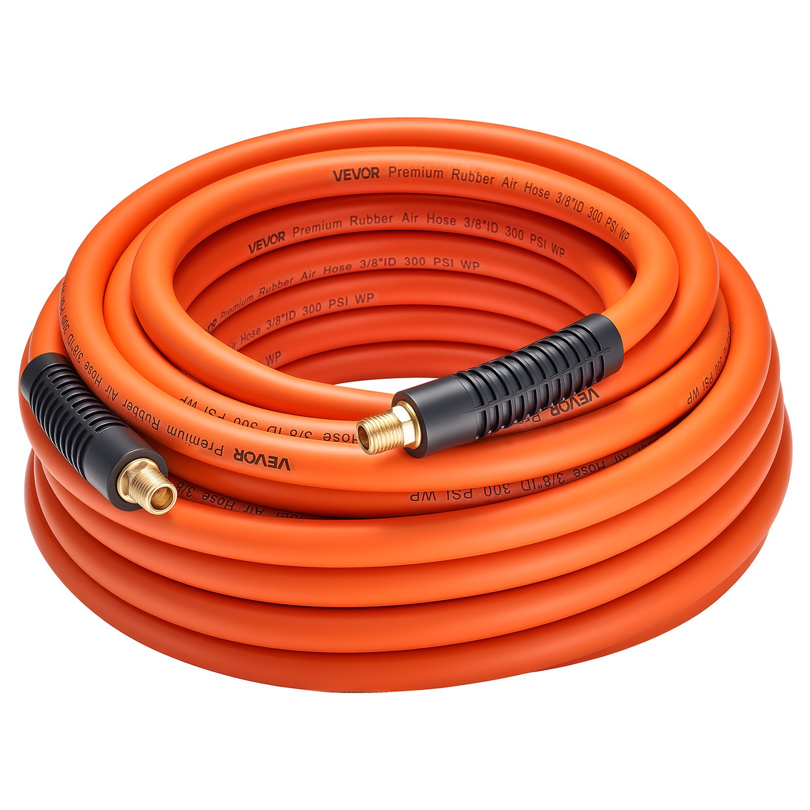 VEVOR Air Hose, 3/8'' x 50FT Rubber Air Compressor Hose, 300 PSI Kink-Resistant Pneumatic Hoses with 1/4-inch Solid MNPT Bras Fittings, Three-Layer Construction, All-Weather Flexibility