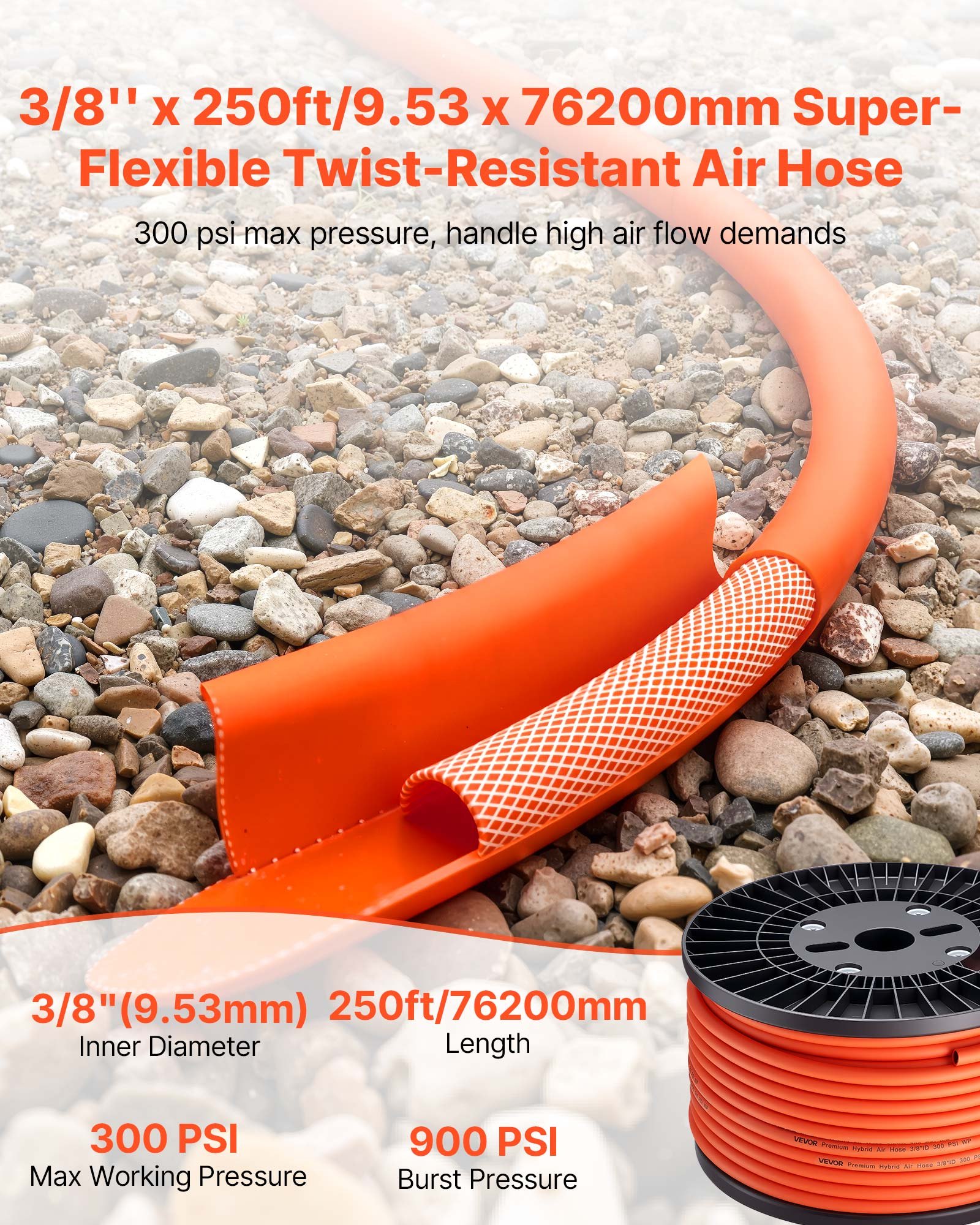 VEVOR Air Hose, 9.53 mm x 76.2 m Hybrid Air Compressor Hose, 300 PSI Kink-Resistant Pneumatic Hoses with Three-Layer Construction for Auto & Home DIY Projetcs, All-Weather Flexibility (No Fittings)