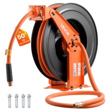 VEVOR Retractable Air Hose Reel, 1/2 Inch x 50 FT Rubber Air Hose Max 300PSI, Auto Rewind Air-Compressor Hoses Reel with 5 ft Lead in, Ceiling/Wall Mount Heavy Duty Steel Double Arm