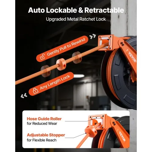 VEVOR Retractable Air Hose Reel – 3/8 Inch X 50 FT Hybrid Hose, 300PSI, Auto Rewind, Wall/Ceiling Mount For Garage & Workshop