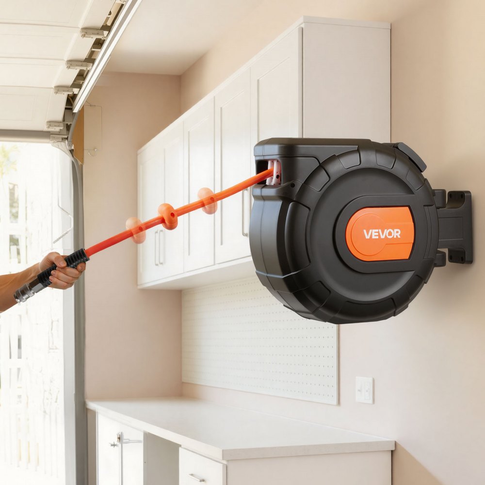 VEVOR Retractable Air Hose Reel, 30m x 9.5mm PVC Air Hose Max 300PSI, Enclosed Air-Compressor Hoses Reel Auto Rewind with 2m Lead in, 180° Swivel Wall Mount for Garages Workshops