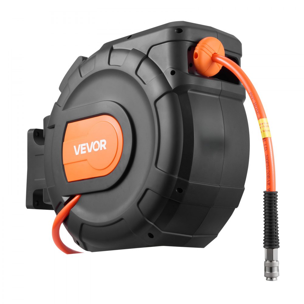VEVOR Retractable Air Hose Reel, 30m x 9.5mm PVC Air Hose Max 300PSI, Enclosed Air-Compressor Hoses Reel Auto Rewind with 2m Lead in, 180° Swivel Wall Mount for Garages Workshops