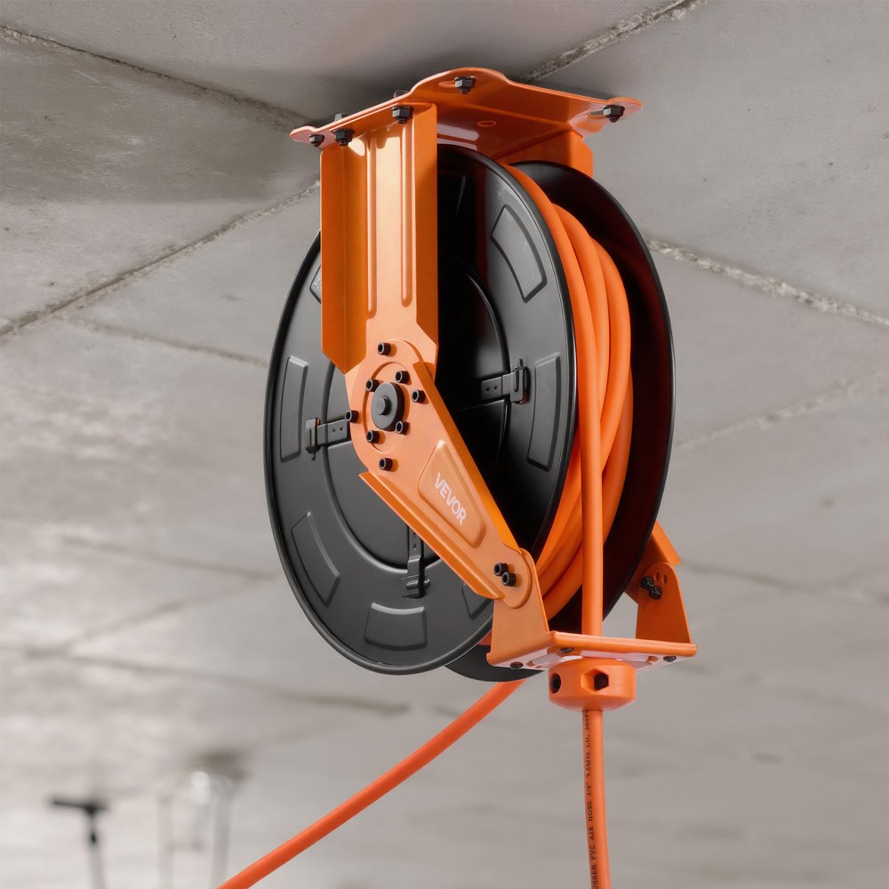 VEVOR Retractable Air Hose Reel, 15m x 9.5mm Hybrid Air Hose Max 300PSI, Auto Rewind Air-Compressor Hoses Reel with 1.52m Lead in, Ceiling/Wall Mount Heavy Duty Steel Double Arm