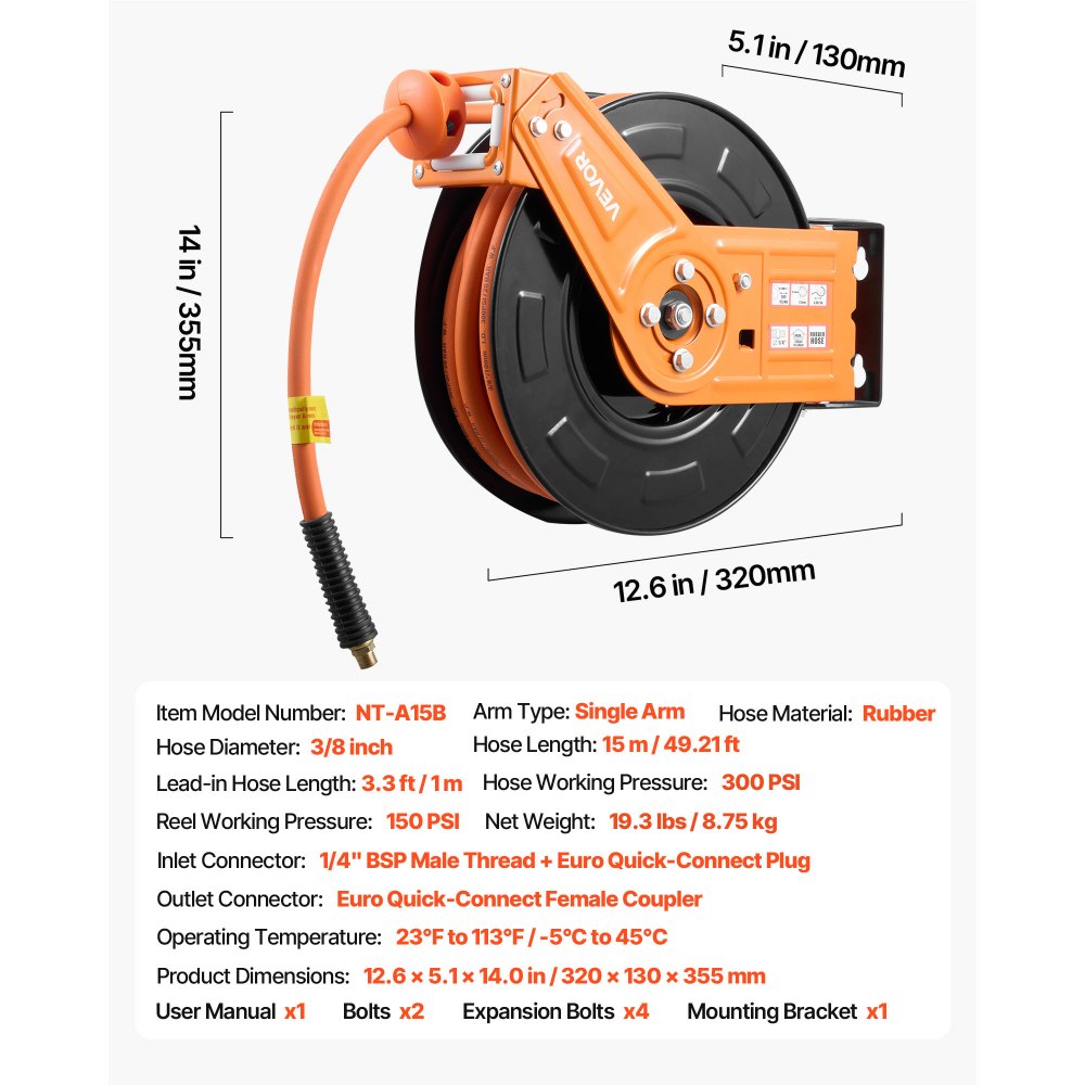 VEVOR Retractable Air Hose Reel, 15m x 9.5mm Rubber Air Hose Max 300PSI, Auto Rewind Air-Compressor Hoses Reel with 1m Lead in, 180° Swivel Ceiling/Wall Mount for Garage Workshops