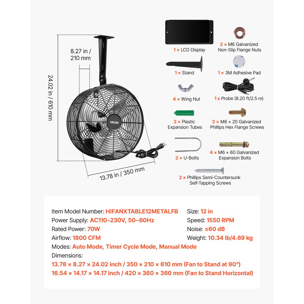 VEVOR Greenhouse Air Circulation Fan, 1800 CFM Powerful Air Circulator Electric Fan, 10 Speeds, 3 Switchable Modes, LCD Control, Ceiling Wall Mount, Fast Ventilation for Greenhouse, Patio, Garage