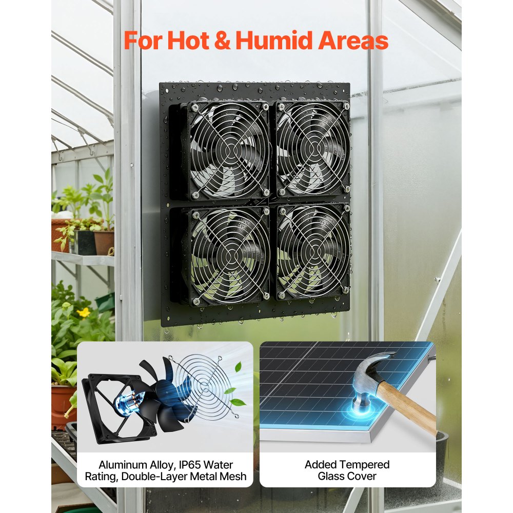 VEVOR Solar Powered Fan, 25W Solar Panel with 4 Fans, Adjustable Solar Panel Angle, 2668 RPM High-Speed, Flexible Installation, Fast Air Exchange for Greenhouse, Grow Tents, Chicken Coops, Shelters