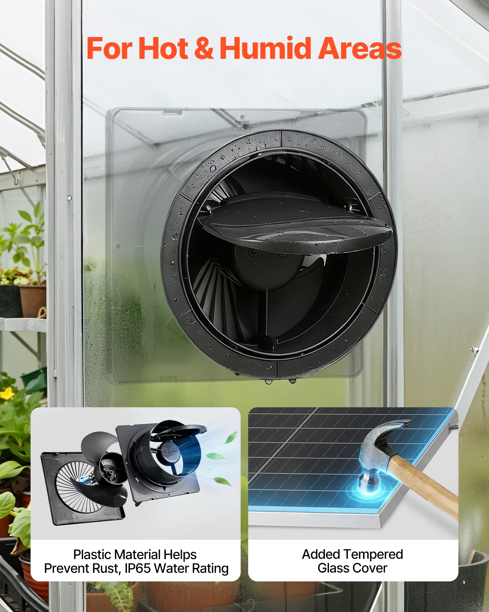 VEVOR Solar Powered Fan, 25W Solar Panel with 220 CFM Airflow, Adjustable Panel Angle, 2030 RPM High-Speed, Flexible Install, Fast Air Exchange for Greenhouse, Grow Tents, Chicken Coops, Shelters