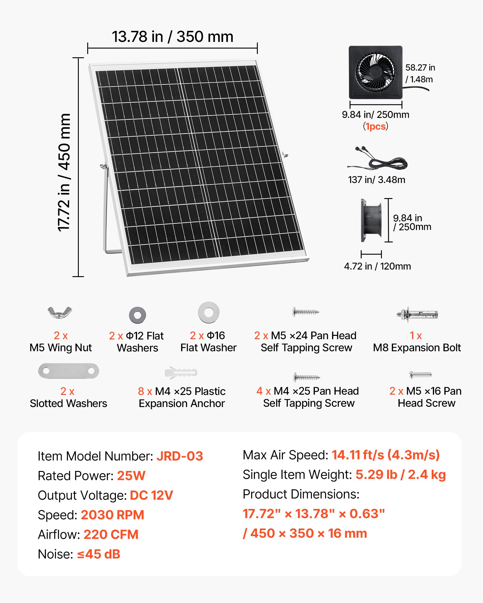 VEVOR Solar Powered Fan, 25W Solar Panel with 220 CFM Airflow, Adjustable Panel Angle, 2030 RPM High-Speed, Flexible Install, Fast Air Exchange for Greenhouse, Grow Tents, Chicken Coops, Shelters