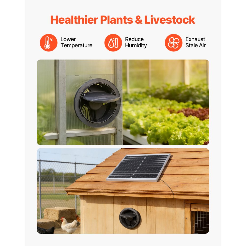 VEVOR Solar Powered Fan, 20W Solar Panel with Battery Storage, 220 CFM Airflow, Adjustable Panel Angle, 2030 RPM High-Speed, Fast Air Exchange for Greenhouse, Grow Tents, Chicken Coops, Shelters