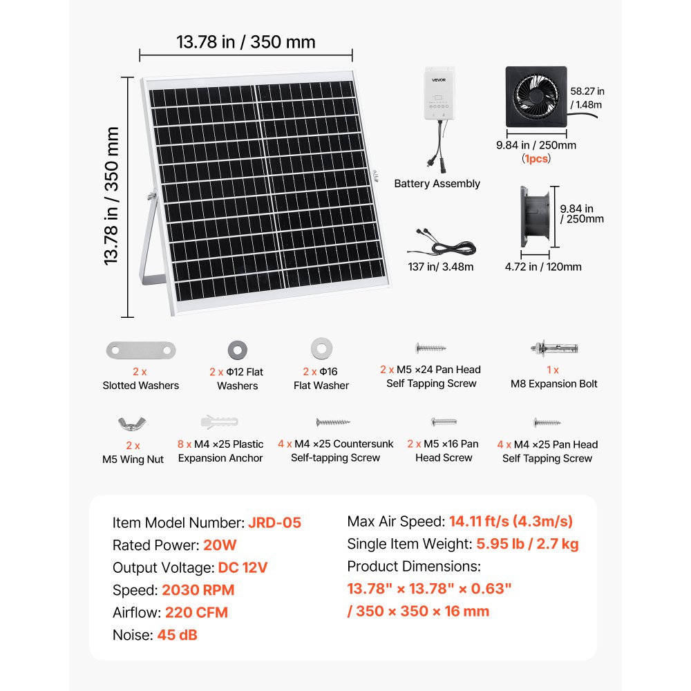 VEVOR Solar Powered Fan, 20W Solar Panel with Battery Storage, 220 CFM Airflow, Adjustable Panel Angle, 2030 RPM High-Speed, Fast Air Exchange for Greenhouse, Grow Tents, Chicken Coops, Shelters