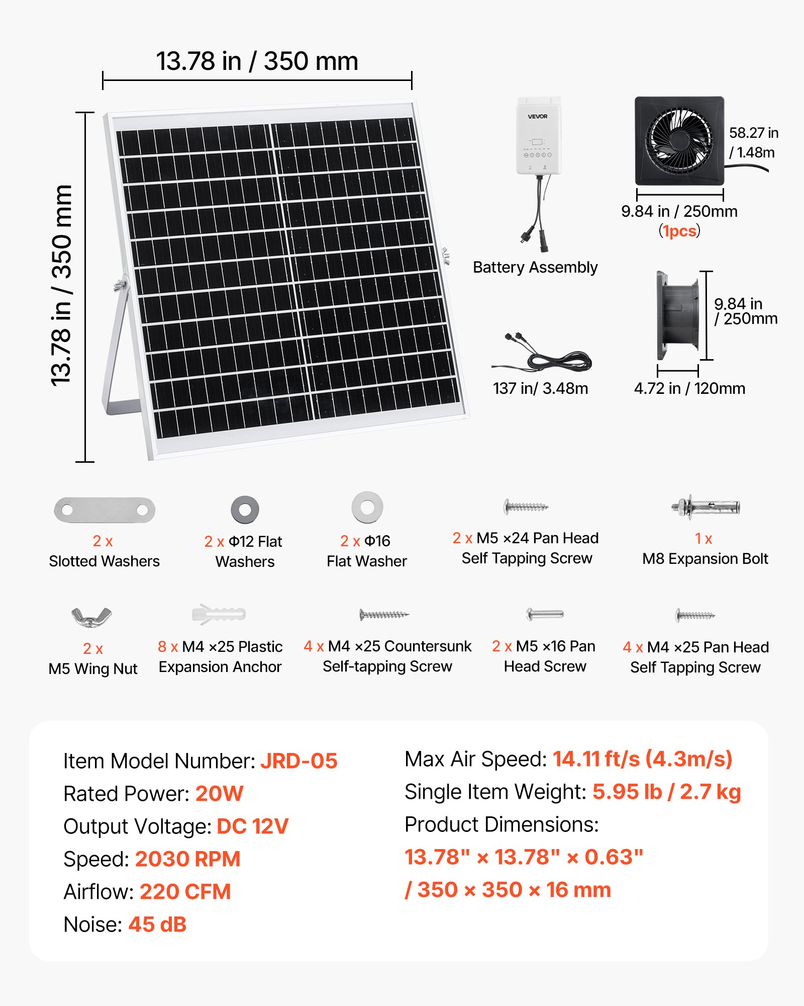 VEVOR Solar Powered Fan, 20W Solar Panel with Battery Storage, 220 CFM Airflow, Adjustable Panel Angle, 2030 RPM High-Speed, Fast Air Exchange for Greenhouse, Grow Tents, Chicken Coops, Shelters