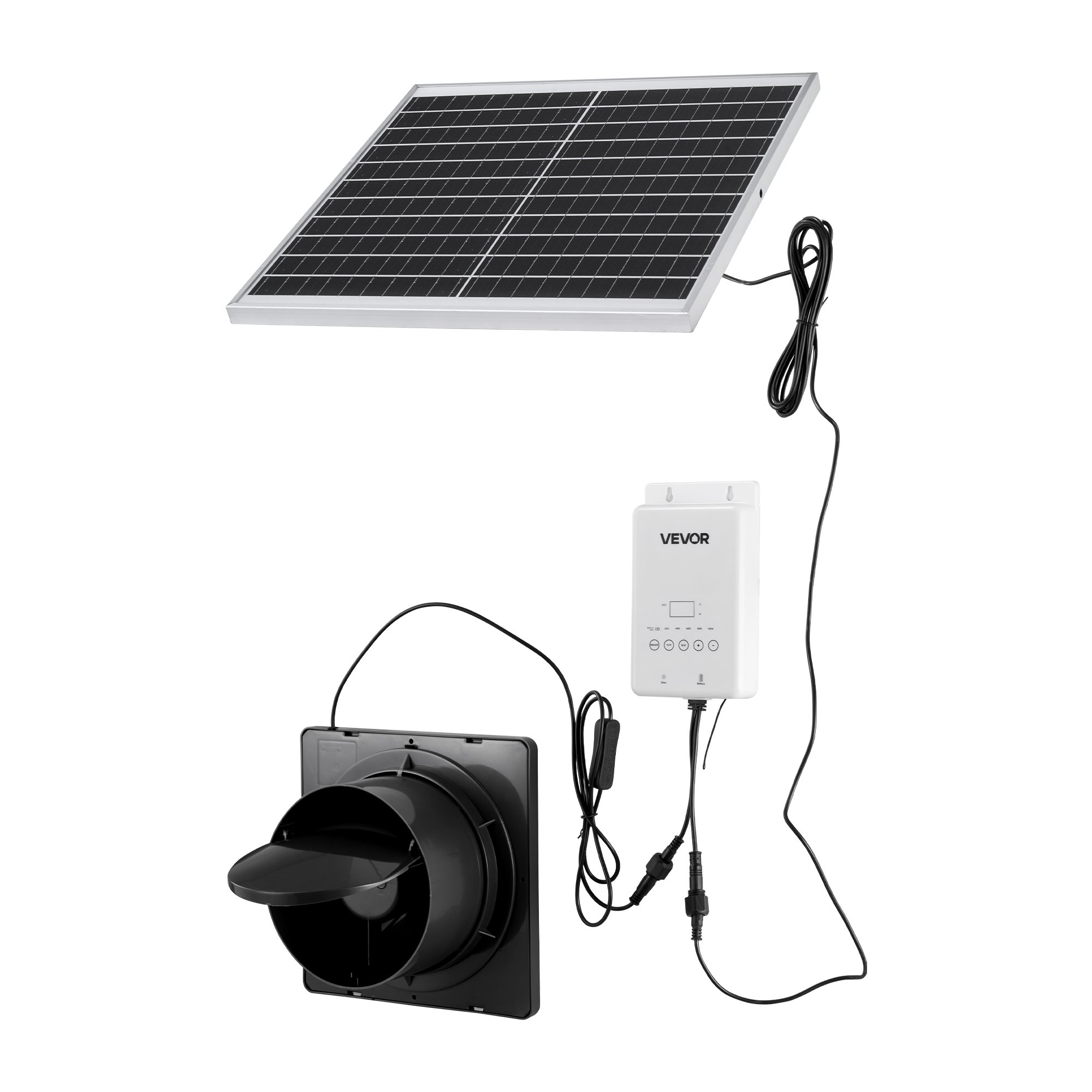 VEVOR Solar Powered Fan, 20W Solar Panel with Battery Storage, 220 CFM Airflow, Adjustable Panel Angle, 2030 RPM High-Speed, Fast Air Exchange for Greenhouse, Grow Tents, Chicken Coops, Shelters