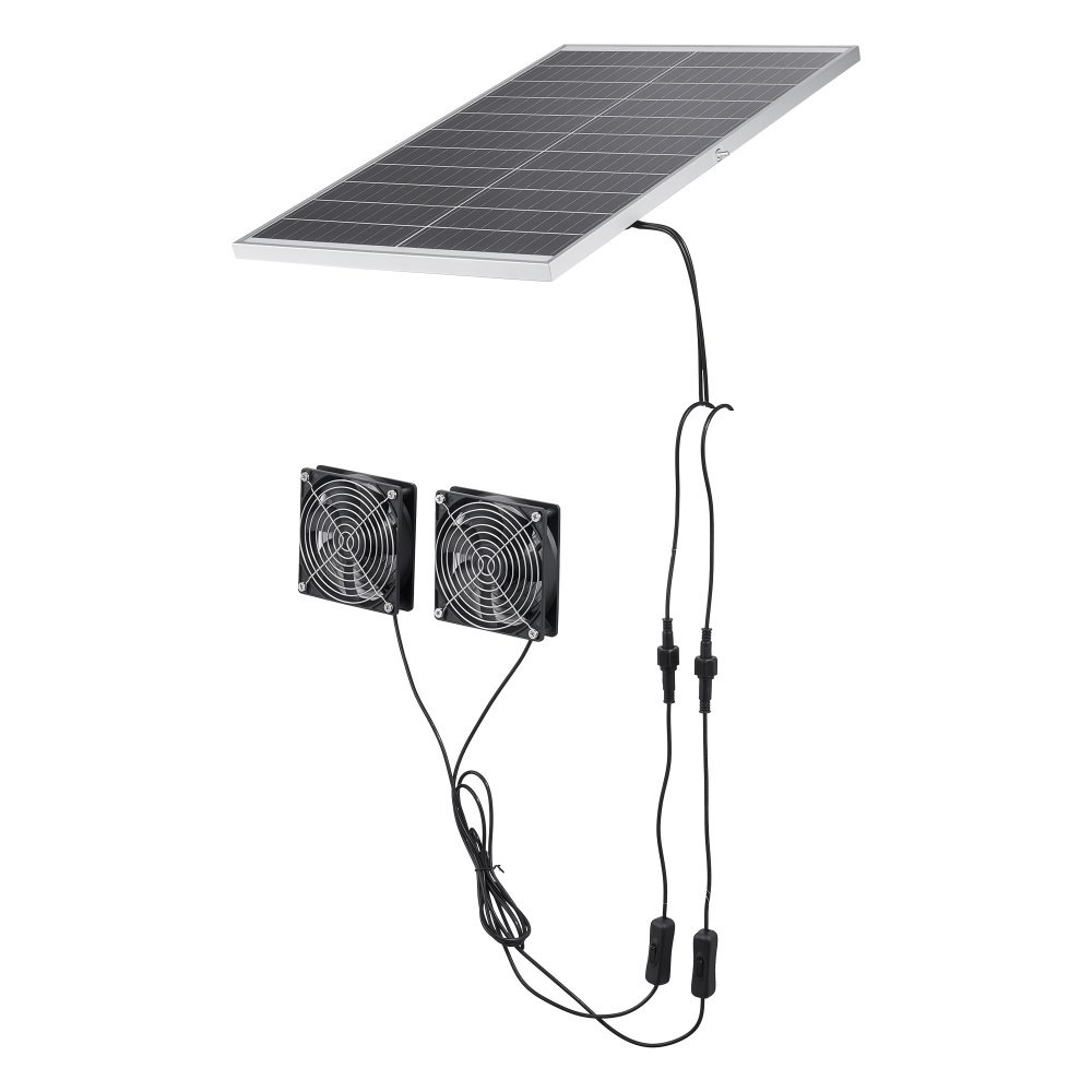 VEVOR Solar Powered Fan, 30W Solar Panel with 2 Fans, Adjustable Solar Panel Angle, 2668 RPM High-Speed, Flexible Installation, Fast Air Exchange for Greenhouse, Grow Tents, Chicken Coops, Shelters