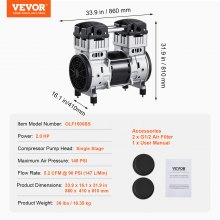 VEVOR Air Compressor Motor 2HP 5.2CFM @ 90PSI Oil Free with Max. 145PSI Pressure