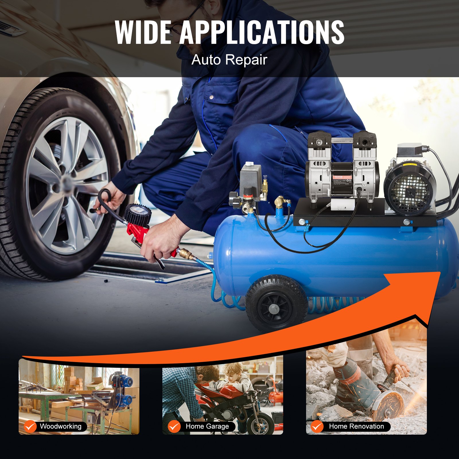 VEVOR Air Compressor Motor, 2HP 5.2CFM @ 90PSI Oil Free Air Compressor Pump & Max. 145PSI Pressure, 78dB Ultra-Quiet Compressor Motor for Auto Repair, Tire Inflation, Spray Painting, Woodwork Nailing