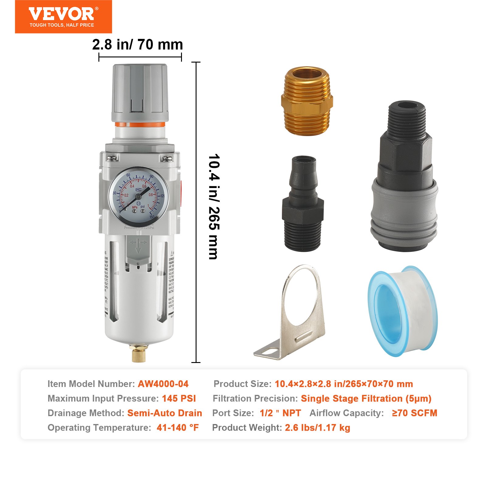 VEVOR Air Compressor Filter Regulator, 1/2" NPT 5μm Air Dryer for Compressor, Single Stage Semi-Auto Air Compressor Water Separator with Brass Filter Element, 7.5-125PSI Pressure Regulator, Poly Bowl