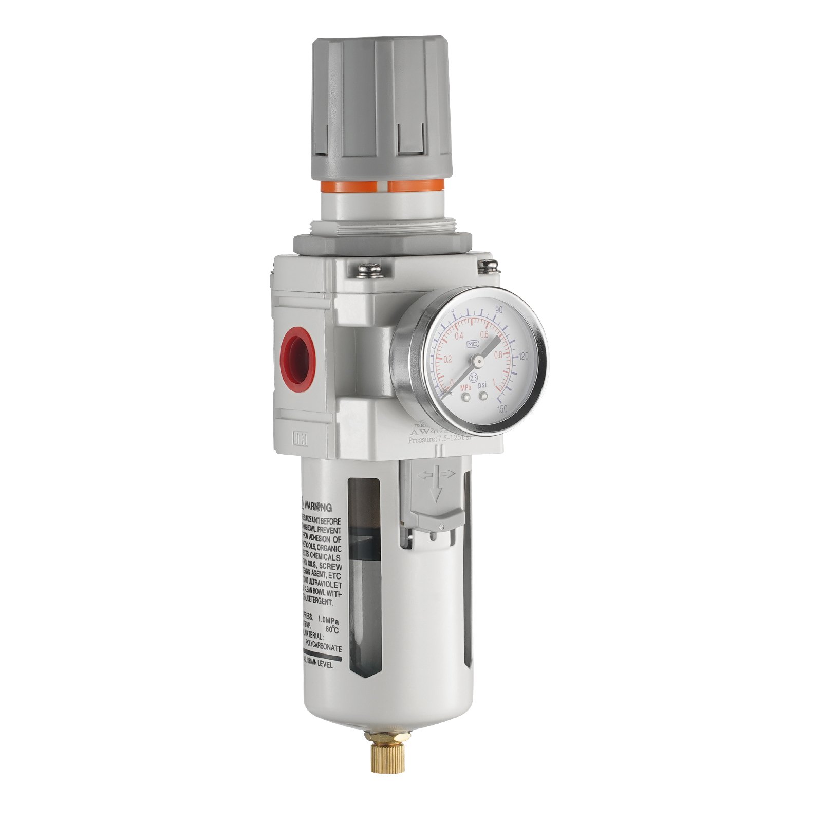 VEVOR Air Compressor Filter Regulator, 1/2" NPT 5μm Air Dryer for Compressor, Single Stage Semi-Auto Air Compressor Water Separator with Brass Filter Element, 7.5-125PSI Pressure Regulator, Poly Bowl