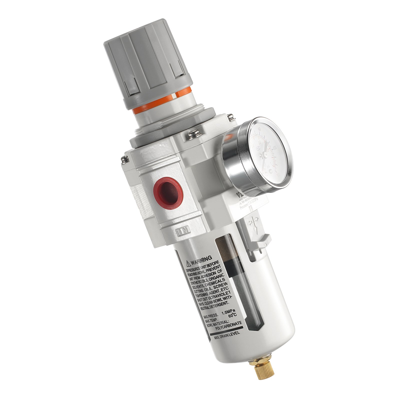 VEVOR Air Compressor Filter Regulator, 1/2" NPT 5μm Air Dryer for Compressor, Single Stage Semi-Auto Air Compressor Water Separator with Brass Filter Element, 7.5-125PSI Pressure Regulator, Poly Bowl