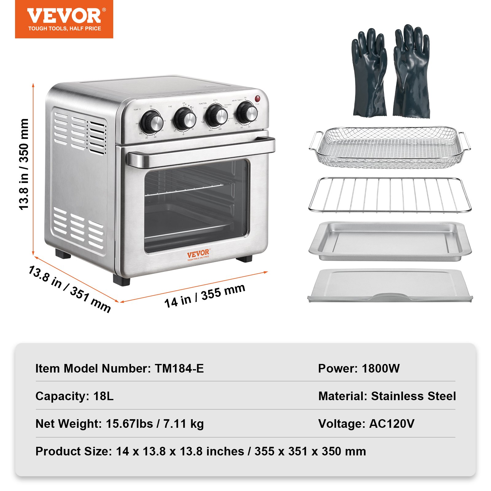 VEVOR 7-IN-1 Air Fryer Toaster Oven, 18L Convection Oven, 1700W Stainless Steel Toaster Ovens Countertop Combo with Grill, Pizza Pan, Gloves, 6 Slices Toast, 12-inch Pizza, Home and Commercial Use