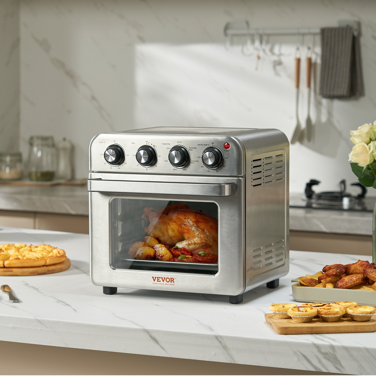 VEVOR 7-IN-1 Air Fryer Toaster Oven, 18L Convection Oven, 1700W Stainless Steel Toaster Ovens Countertop Combo with Grill, Pizza Pan, Gloves, 6 Slices Toast, 12-inch Pizza, Home and Commercial Use