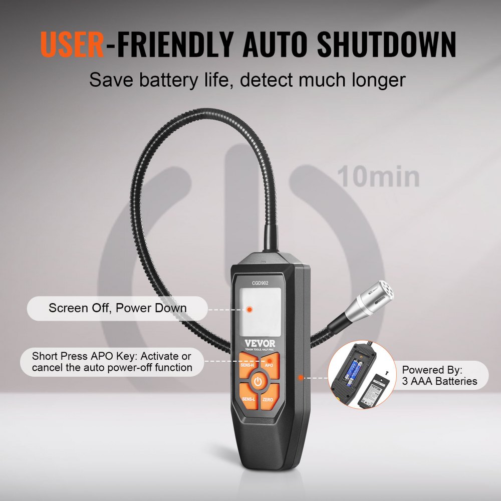 VEVOR Natural Gas Detector, 50-10,000 PPM Gas Leak Detector with 18.5-inch Gooseneck, Combustible Gas Detector Sniffer with Audible & Visual Alarm Locates Propane, Methane, Butane for Home, RV, HVAC