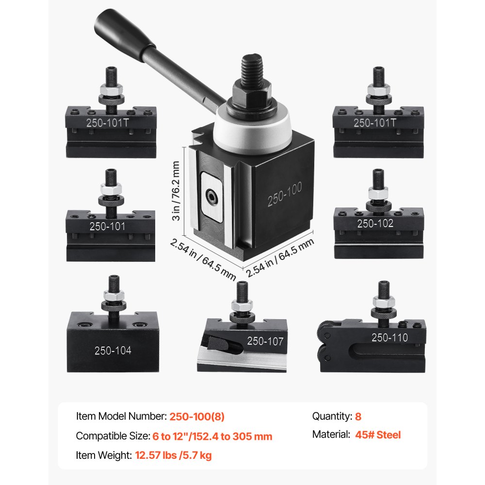 VEVOR Quick Change Tool Post Set, 8 Pcs, Includes Lathe Tool Holders, Wedge Type Tool Post with Turning Tool Holder Accessories, Fit for Mini Lathe & Metal Lathe 152-305 mm(6"-12") Swing, Durable Steel Material
