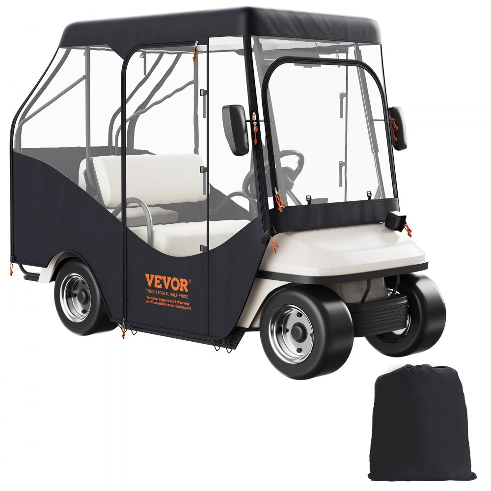 VEVOR golf cart enclosure with black cover, transparent windows, and storage bag.