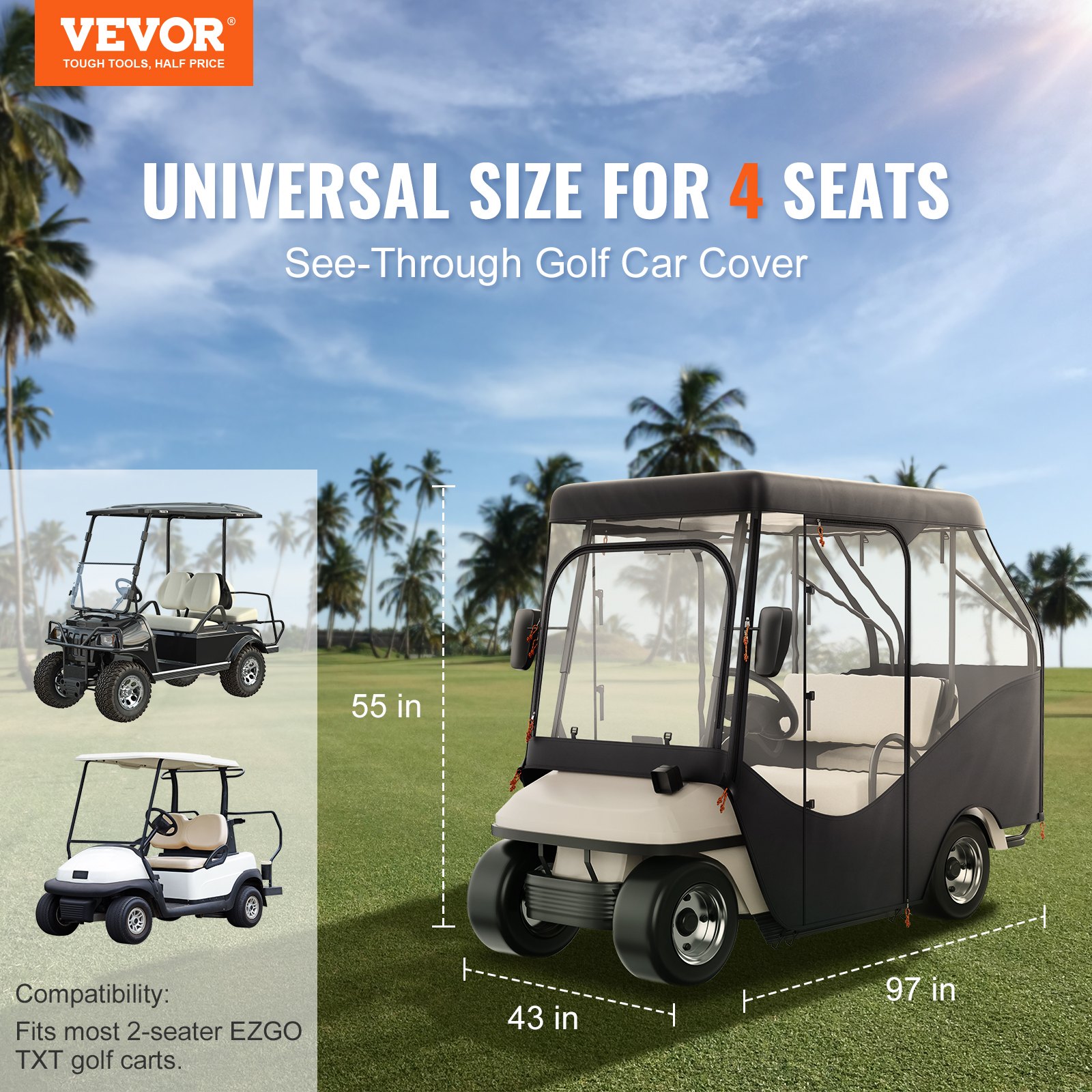 VEVOR Golf Cart Enclosure, 420D Polyester Driving Enclosure with 4-Sided Transparent Windows, 4 Passenger Club Car Covers for 2+2 Passenger Golf Carts, Sunproof and Dustproof Outdoor Cart Cover